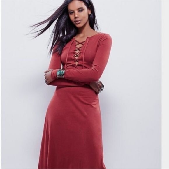 Free People Dresses & Skirts - Free People Burgundy Lace Up Long Sleeve Jersey Maxi Dress
